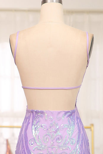 Lilac Mermaid Spaghetti Straps Backless Long Prom Dress With Sequin