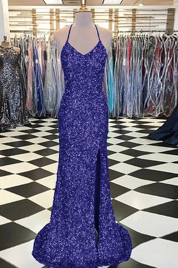 Sky Blue Spaghetti Straps Sequins Mermaid Long Prom Dress