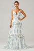 Load image into Gallery viewer, White Blue Flower A Line Long Tulle Bridesmaid Dress with Ruffles