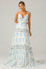 Load image into Gallery viewer, White Blue Flower A Line Long Tulle Bridesmaid Dress with Ruffles