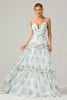 Load image into Gallery viewer, White Blue Flower A Line Long Tulle Bridesmaid Dress with Ruffles