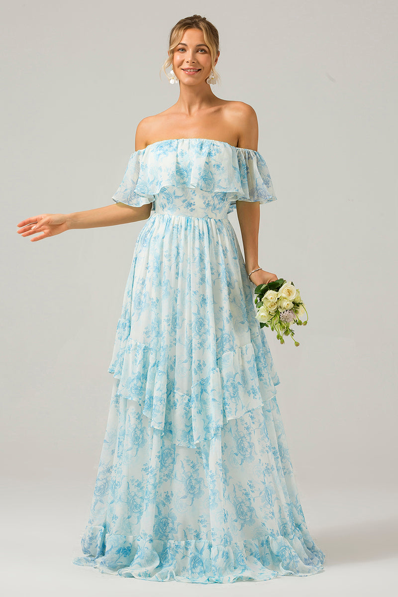 Load image into Gallery viewer, White Blue Floral Off the Shoulder Boho Long Bridesmaid Dress with Ruffles