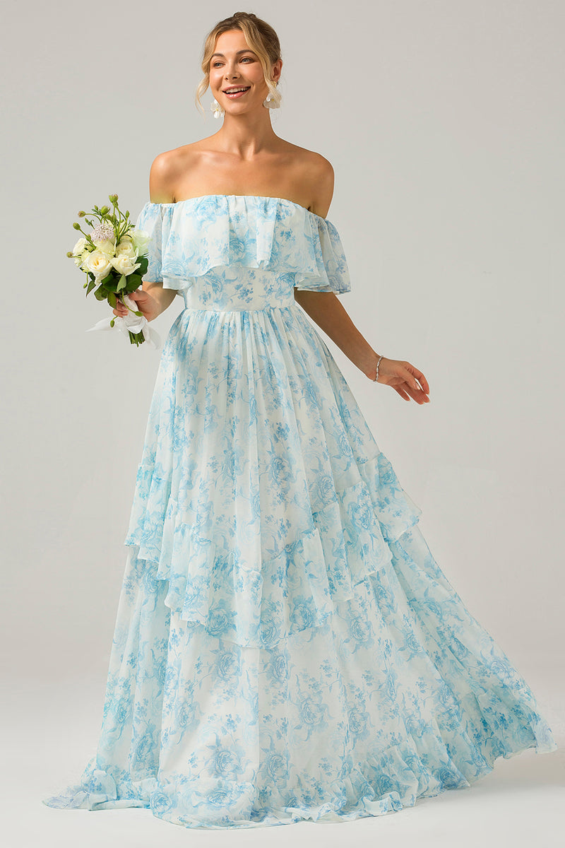 Load image into Gallery viewer, White Blue Floral Off the Shoulder Boho Long Bridesmaid Dress with Ruffles