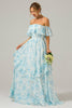 Load image into Gallery viewer, White Blue Floral Off the Shoulder Boho Long Bridesmaid Dress with Ruffles