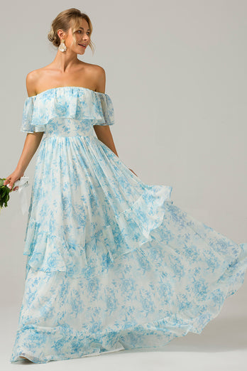 White Blue Floral Off the Shoulder Boho Long Bridesmaid Dress with Ruffles