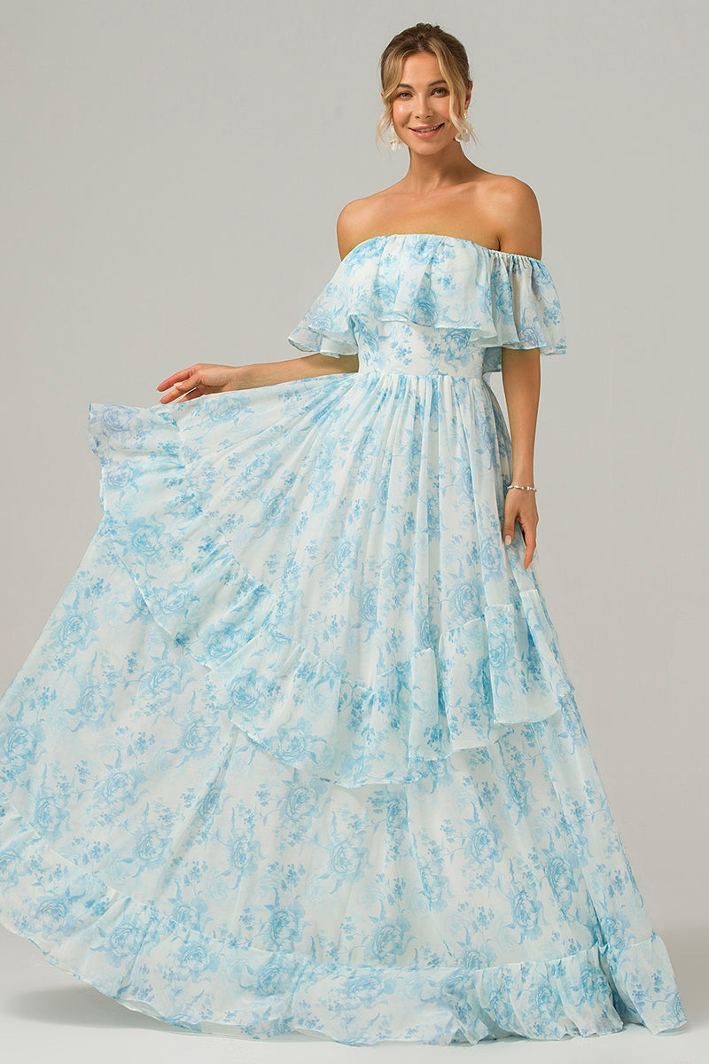 Load image into Gallery viewer, White Blue Floral Off the Shoulder Boho Long Bridesmaid Dress with Ruffles