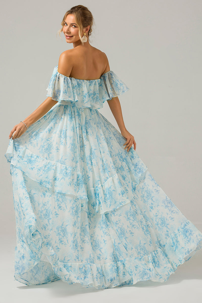 Load image into Gallery viewer, White Blue Floral Off the Shoulder Boho Long Bridesmaid Dress with Ruffles