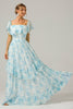 Load image into Gallery viewer, White Blue Floral Off the Shoulder Boho Long Bridesmaid Dress with Ruffles