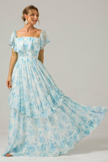 White Blue Floral Off the Shoulder Boho Long Bridesmaid Dress with Ruffles