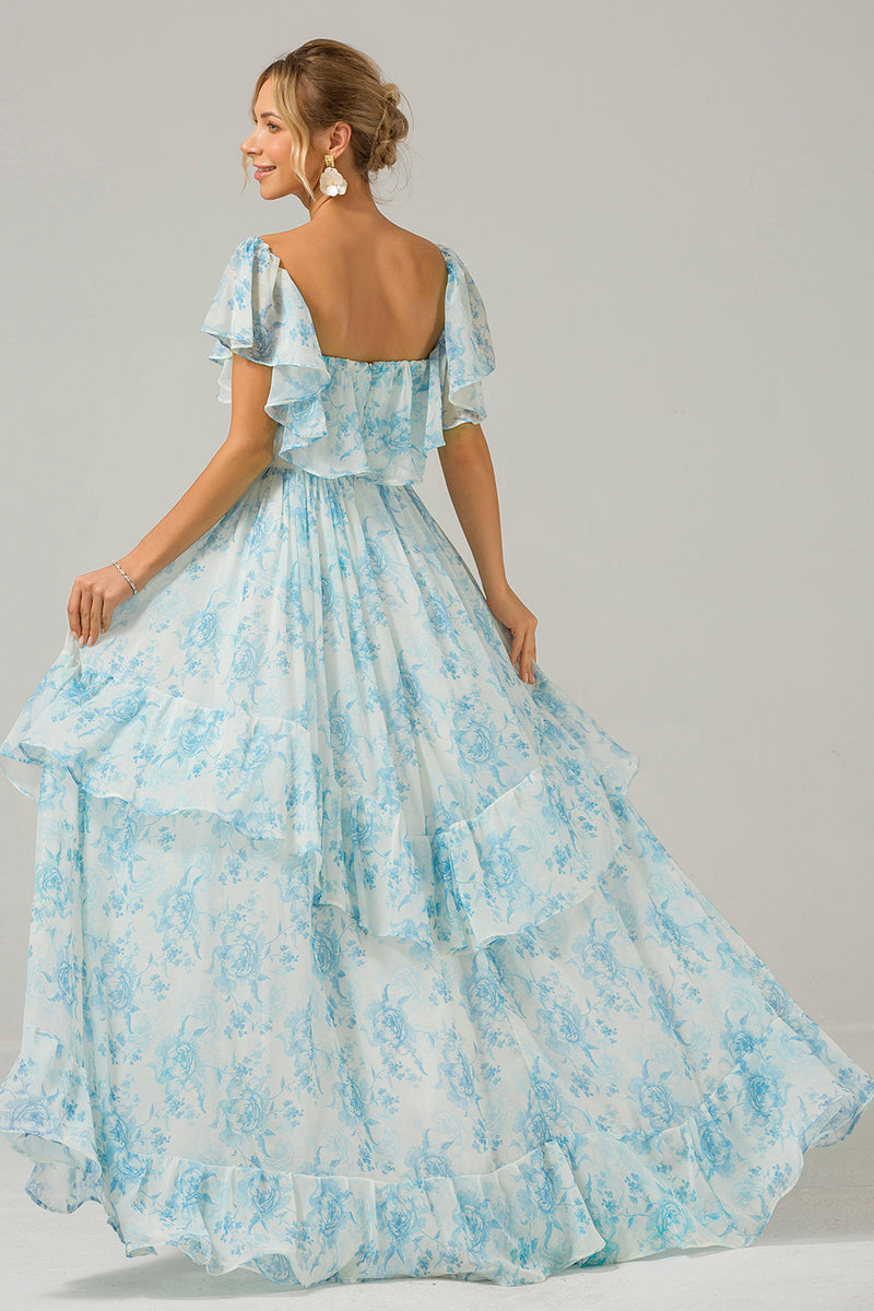 Load image into Gallery viewer, White Blue Floral Off the Shoulder Boho Long Bridesmaid Dress with Ruffles