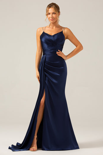 Navy Mermaid Ruched Long Prom Dress with Slit