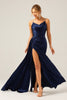 Load image into Gallery viewer, Navy Mermaid Ruched Long Prom Dress with Slit