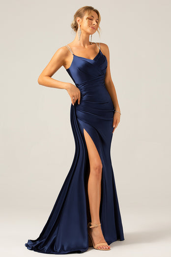 Navy Mermaid Ruched Long Prom Dress with Slit