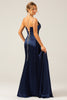 Load image into Gallery viewer, Navy Mermaid Ruched Long Prom Dress with Slit