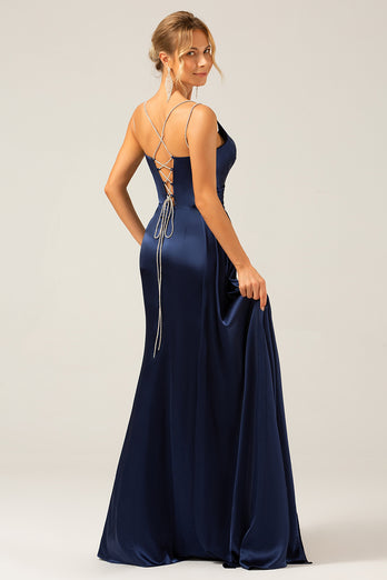 Navy Mermaid Ruched Long Prom Dress with Slit