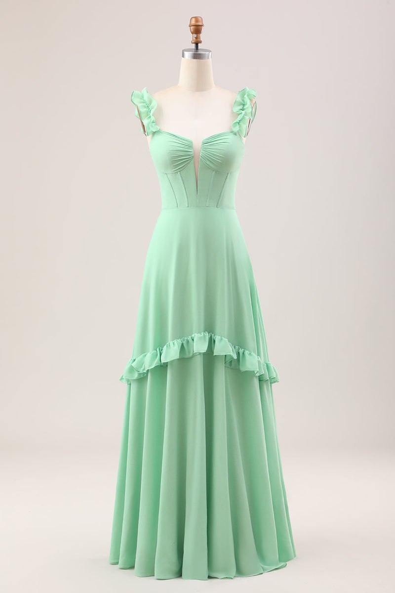 Load image into Gallery viewer, Green A Line Off The Shoulder Corset Bridesmaid Dress With Ruffles