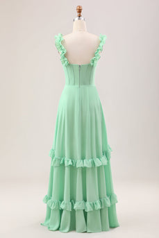 Green A Line Off The Shoulder Corset Bridesmaid Dress With Ruffles