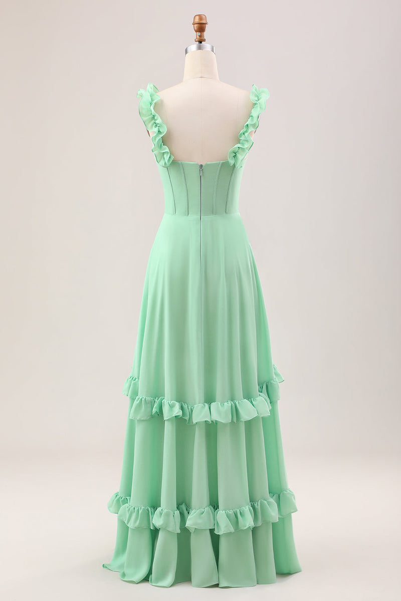 Load image into Gallery viewer, Green A Line Off The Shoulder Corset Bridesmaid Dress With Ruffles