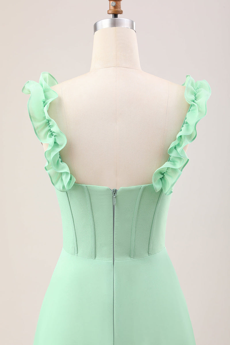 Load image into Gallery viewer, Green A Line Off The Shoulder Corset Bridesmaid Dress With Ruffles