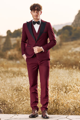 Burgundy Men's 3 Pieces Peak Lapel One Button Prom Suits