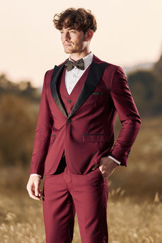 Burgundy Men's 3 Pieces Peak Lapel One Button Prom Suits