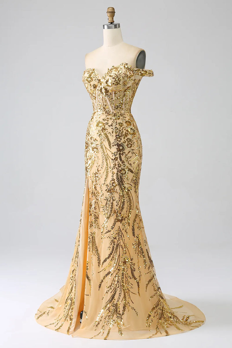 Load image into Gallery viewer, Sparkly Golden Mermaid Corset Off the Shoulder Sequins Long Prom Dress with Slit