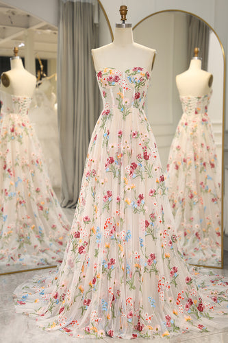 A-Line Ivory Strapless Flower embroidered Corset Prom Dress