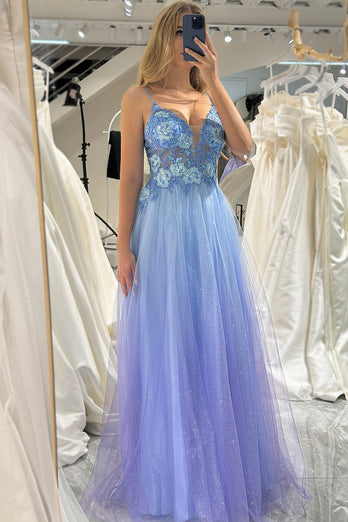 Blue A Line Spaghetti Straps Tulle Long Prom Dress with Appliques