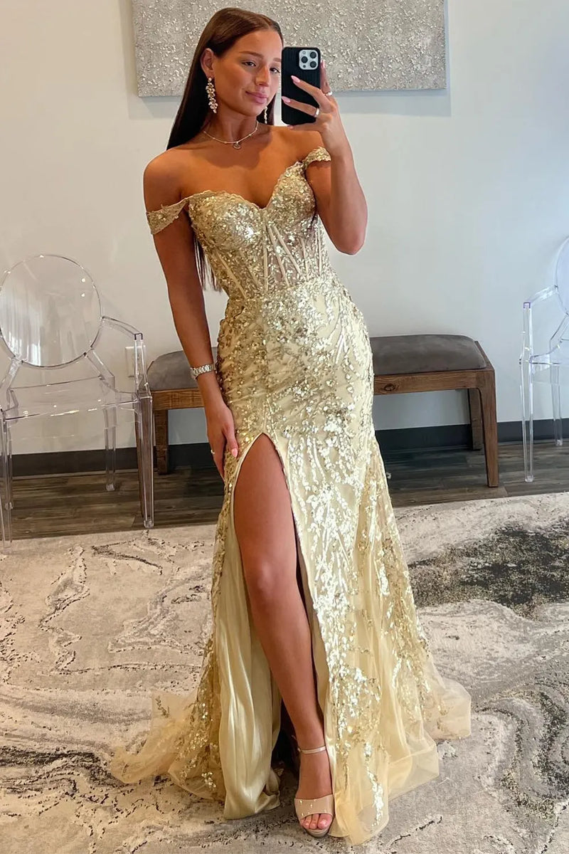 Load image into Gallery viewer, Sparkly Golden Mermaid Corset Off the Shoulder Sequins Long Prom Dress with Slit