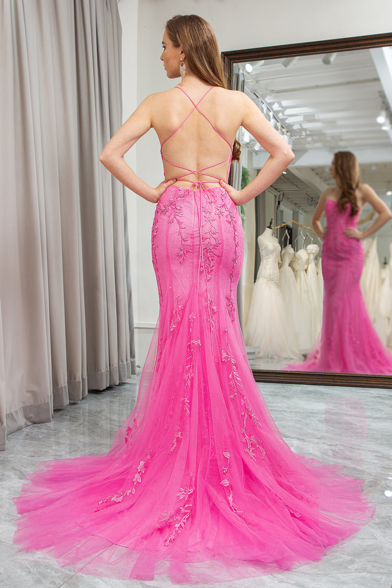 Load image into Gallery viewer, Fuchsia Mermaid Spaghetti Straps Prom Dress with Appliques