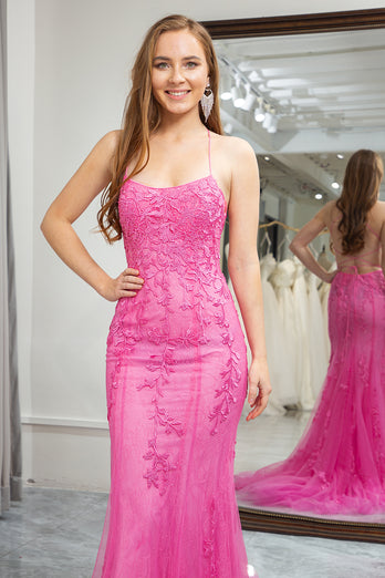 Fuchsia Mermaid Spaghetti Straps Prom Dress with Appliques