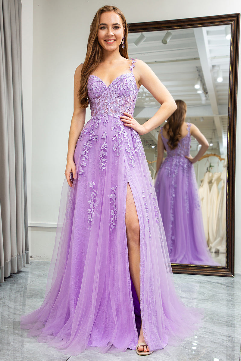 Load image into Gallery viewer, Lilac A-Line Spaghetti Straps Tulle Prom Dress with Appliques