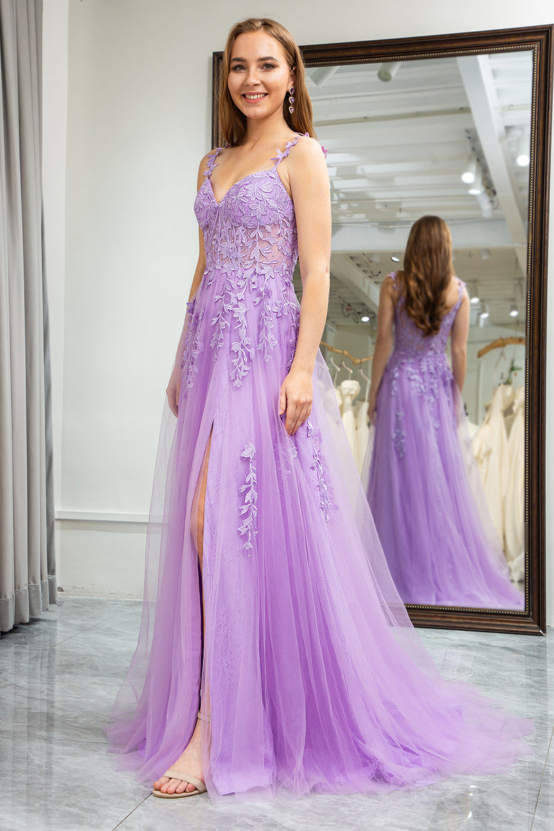 Load image into Gallery viewer, Lilac A-Line Spaghetti Straps Tulle Prom Dress with Appliques