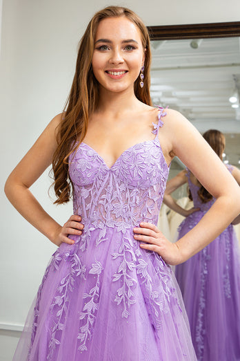 Lilac A-Line Spaghetti Straps Tulle Prom Dress with Appliques