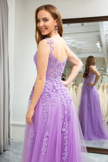 Lilac A-Line Spaghetti Straps Tulle Prom Dress with Appliques