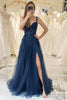 Load image into Gallery viewer, Navy A-Line Spaghetti Straps Tulle Prom Dress with Appliques