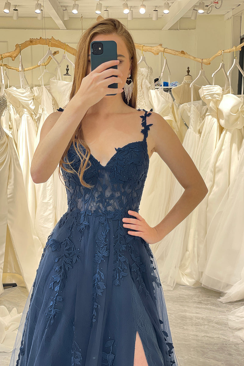 Load image into Gallery viewer, Navy A-Line Spaghetti Straps Tulle Prom Dress with Appliques