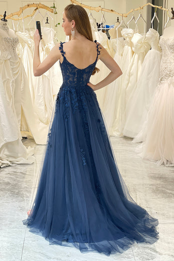 Navy A-Line Spaghetti Straps Tulle Prom Dress with Appliques