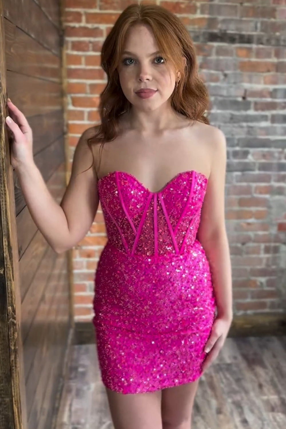 Sparkly Corset Hot Pink Graduation Dress with Lace-up Back