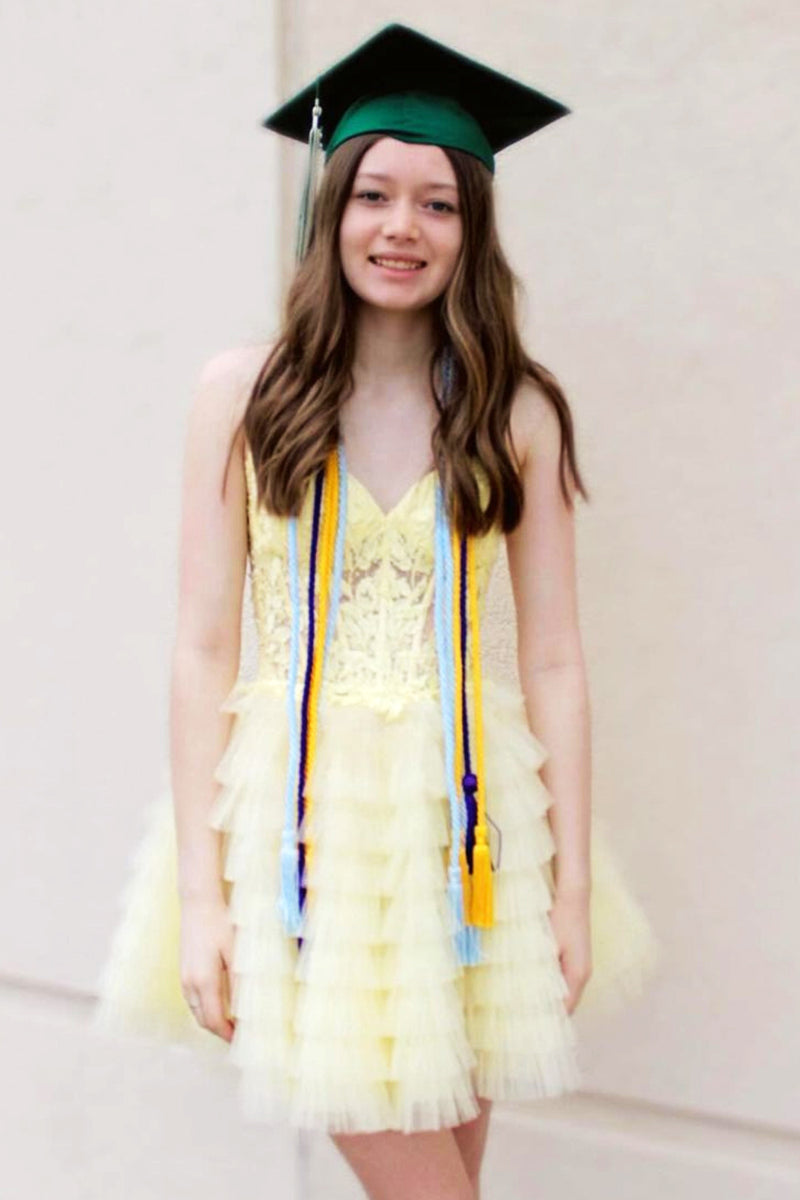 Load image into Gallery viewer, Lemon Yellow A Line Tiered Corset Tulle Cute Graduation Dress