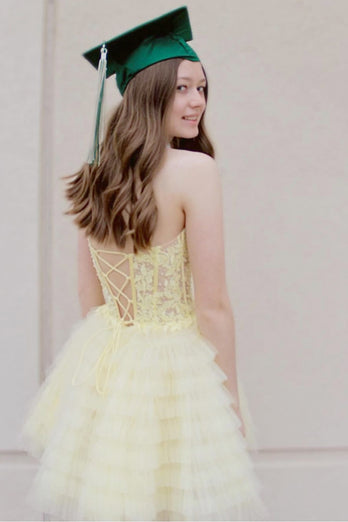 Lemon Yellow A Line Tiered Corset Tulle Cute Graduation Dress