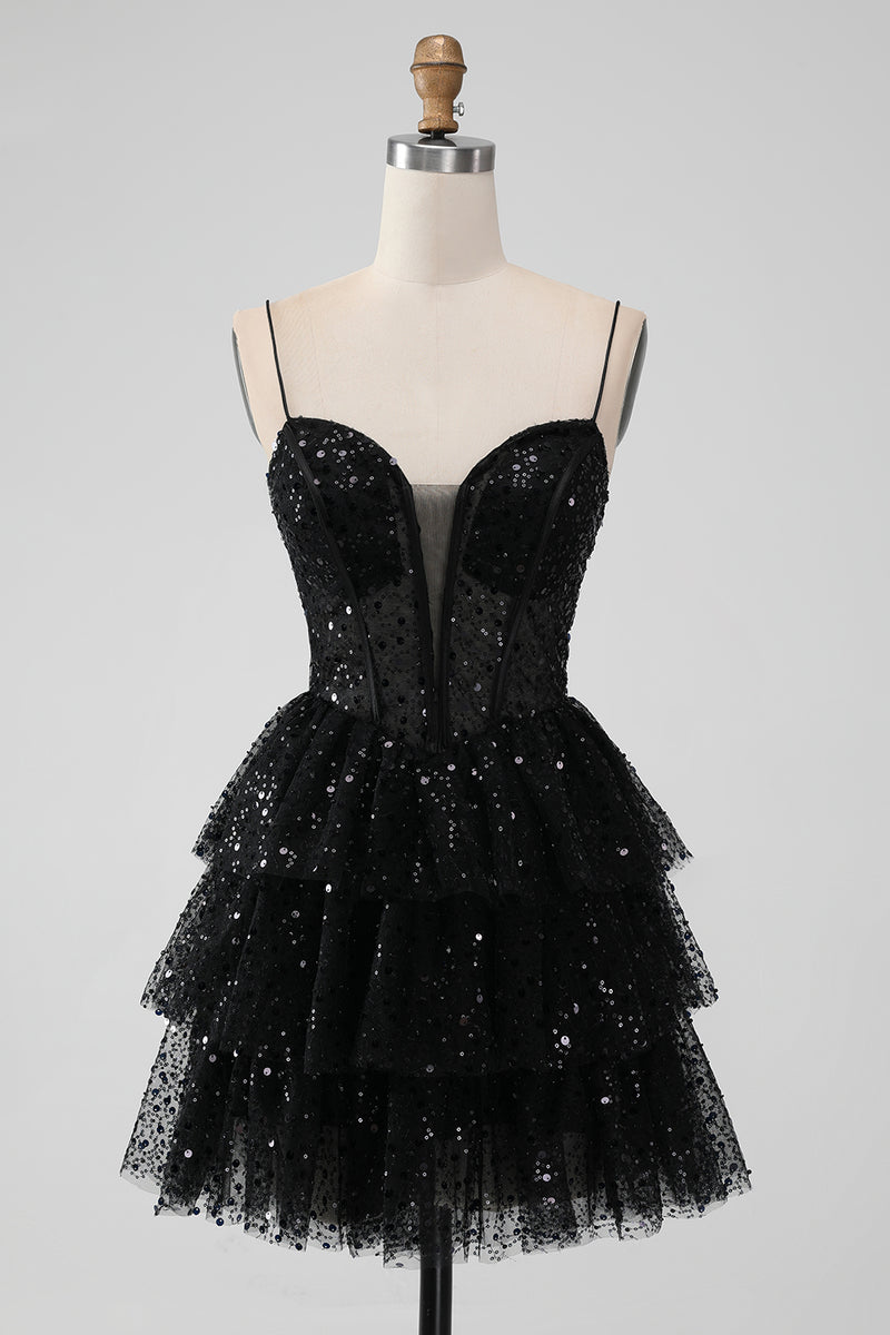 Load image into Gallery viewer, Sparkly Sequins Black A Line Tiered Corset Spaghetti Straps Short Tulle Graduation Dress