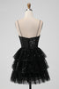 Load image into Gallery viewer, Sparkly Sequins Black A Line Tiered Corset Spaghetti Straps Short Tulle Graduation Dress