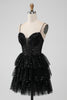 Load image into Gallery viewer, Sparkly Sequins Black A Line Tiered Corset Spaghetti Straps Short Tulle Graduation Dress