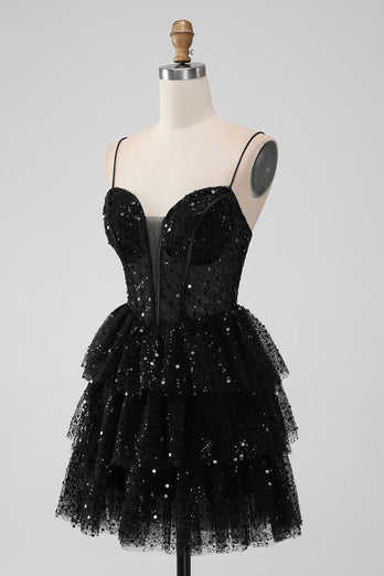 Sparkly Sequins Black A Line Tiered Corset Spaghetti Straps Short Tulle Graduation Dress