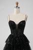 Load image into Gallery viewer, Sparkly Sequins Black A Line Tiered Corset Spaghetti Straps Short Tulle Graduation Dress