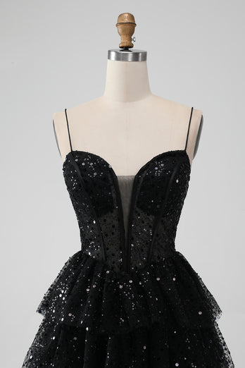 Sparkly Sequins Black A Line Tiered Corset Spaghetti Straps Short Tulle Graduation Dress