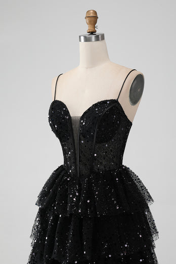 Sparkly Sequins Black A Line Tiered Corset Spaghetti Straps Short Tulle Graduation Dress