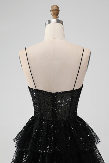 Sparkly Sequins Black A Line Tiered Corset Spaghetti Straps Short Tulle Graduation Dress