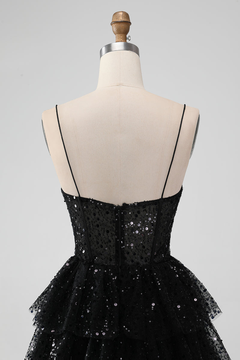 Load image into Gallery viewer, Sparkly Sequins Black A Line Tiered Corset Spaghetti Straps Short Tulle Graduation Dress